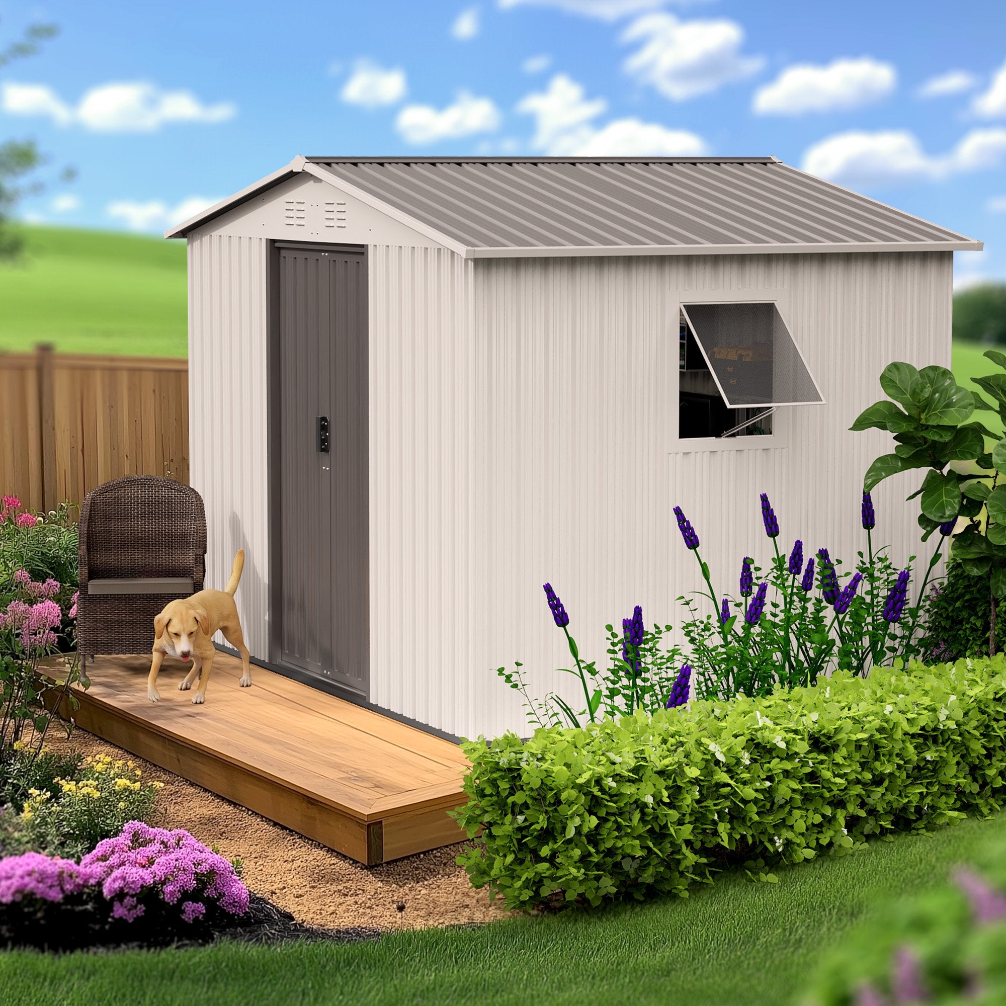 6x8 Outdoor Steel Storage Sheds, Metal Tool Outdoor Shed with Windows& Air Vent&Gloves,for Backyard,Garden,Lawn,Creamy White