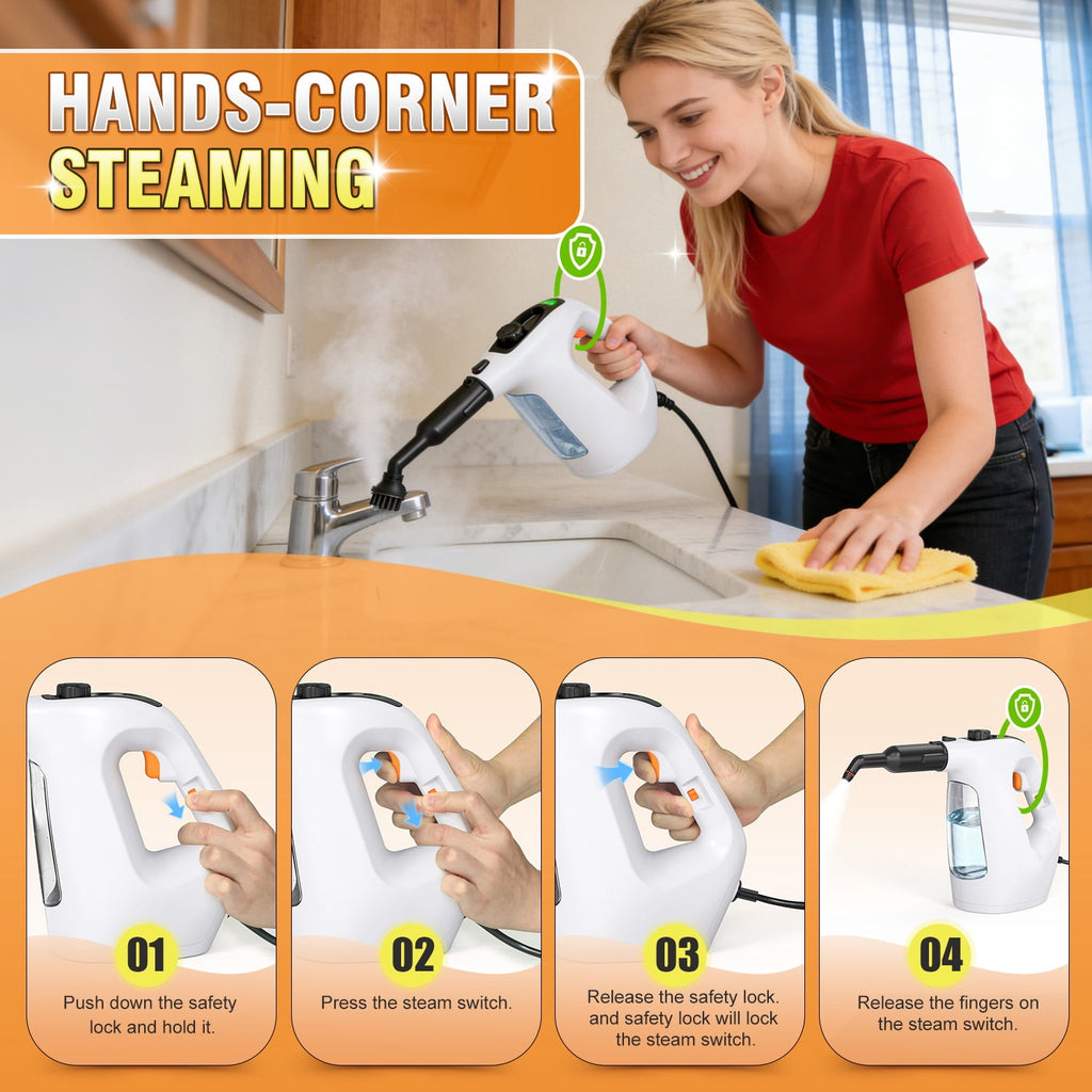EXLUVON Handheld Steam Cleaner, 1500W Pressurized 10s Instant Heat Steam Cleaner for Home, Upgrade 15fl oz Tank, Lightweight Portable Steamer for Cleaning Kitchen, Grout, Furniture, Couch Car and Bat