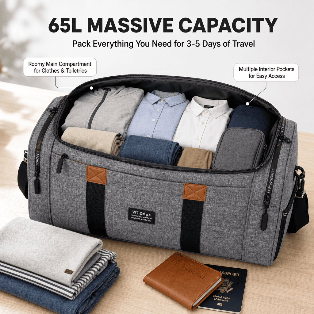 YTAKY Travel Bag Spacious 65L Oxford Fabric Duffel Bag, Water Resistant Carry On Luggage with Reinforced Handles, Ideal for Gym, Sports, Weekend Trips & Short Vacations for Men and Wo
