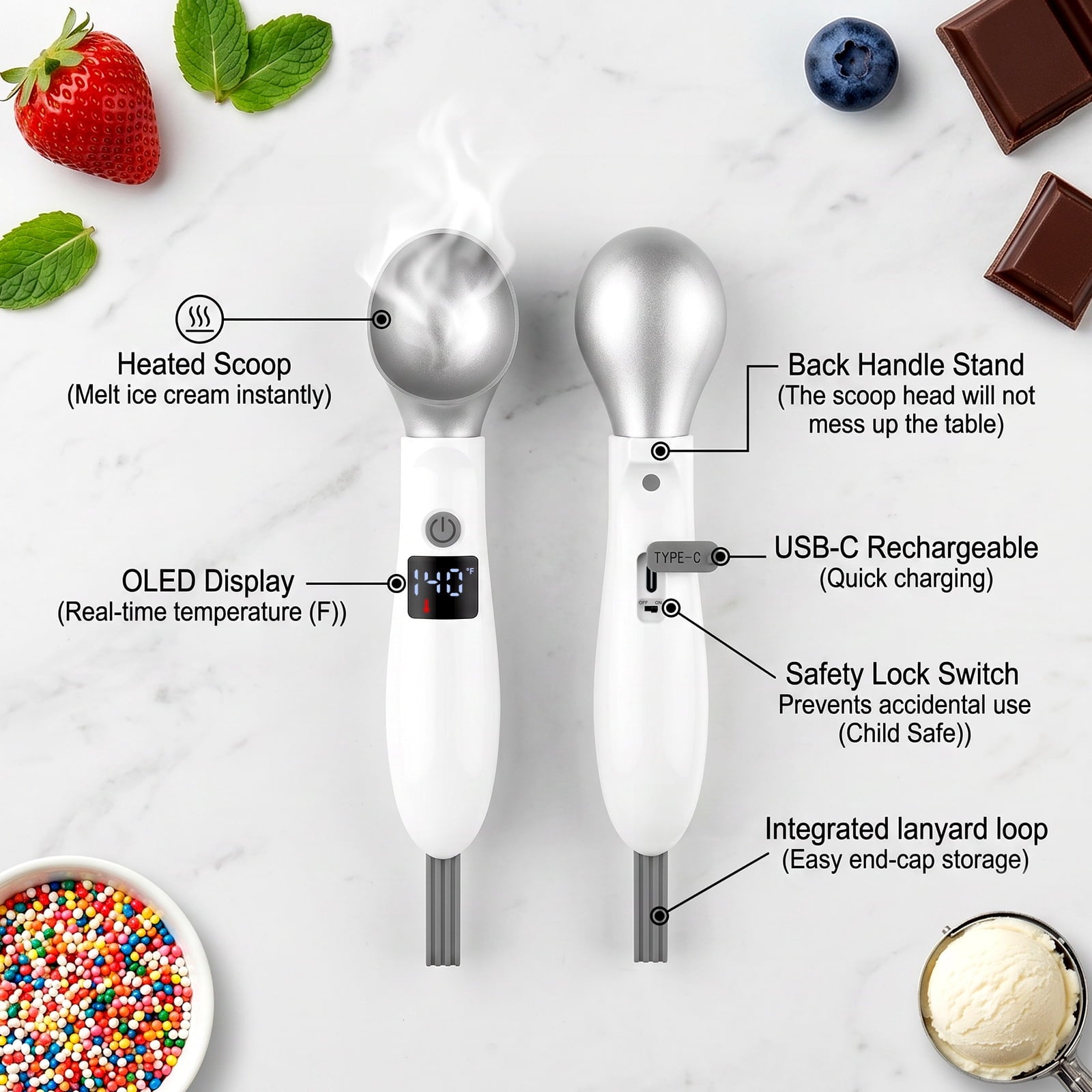 TOCOKEID Electric Heated Ice Cream Scoop with Smart LED Display & Safety Lock, Rechargeable