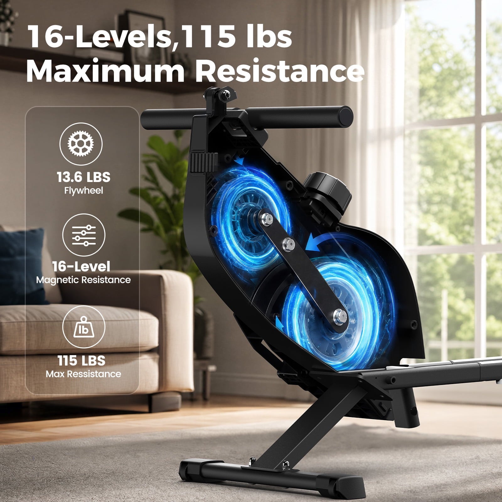 YOSUDA Magnetic Rowing Machine 350lbs Weight Capacity, Foldable Rower for Home Use with 16-Level Max 115lbs Adjustable Resistance and Bluetooth, Tablet Holder