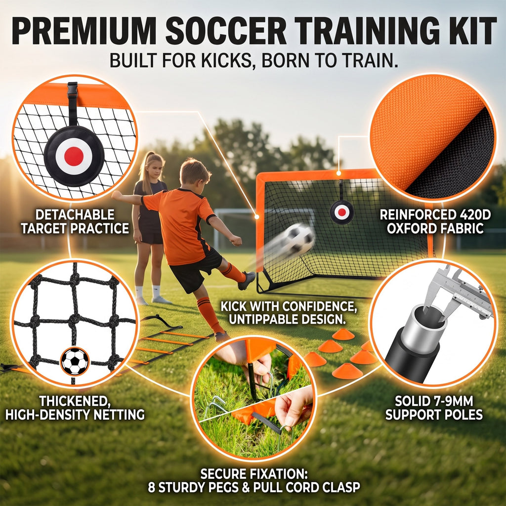EZBY Soccer Goals for Kids Backyard Set of 2, 4x3ft Portable Pop-Up Youth Soccer Net Training Equipment Kit with Thickened Ball, Agility Ladder, 10 Cones and Gift Box
