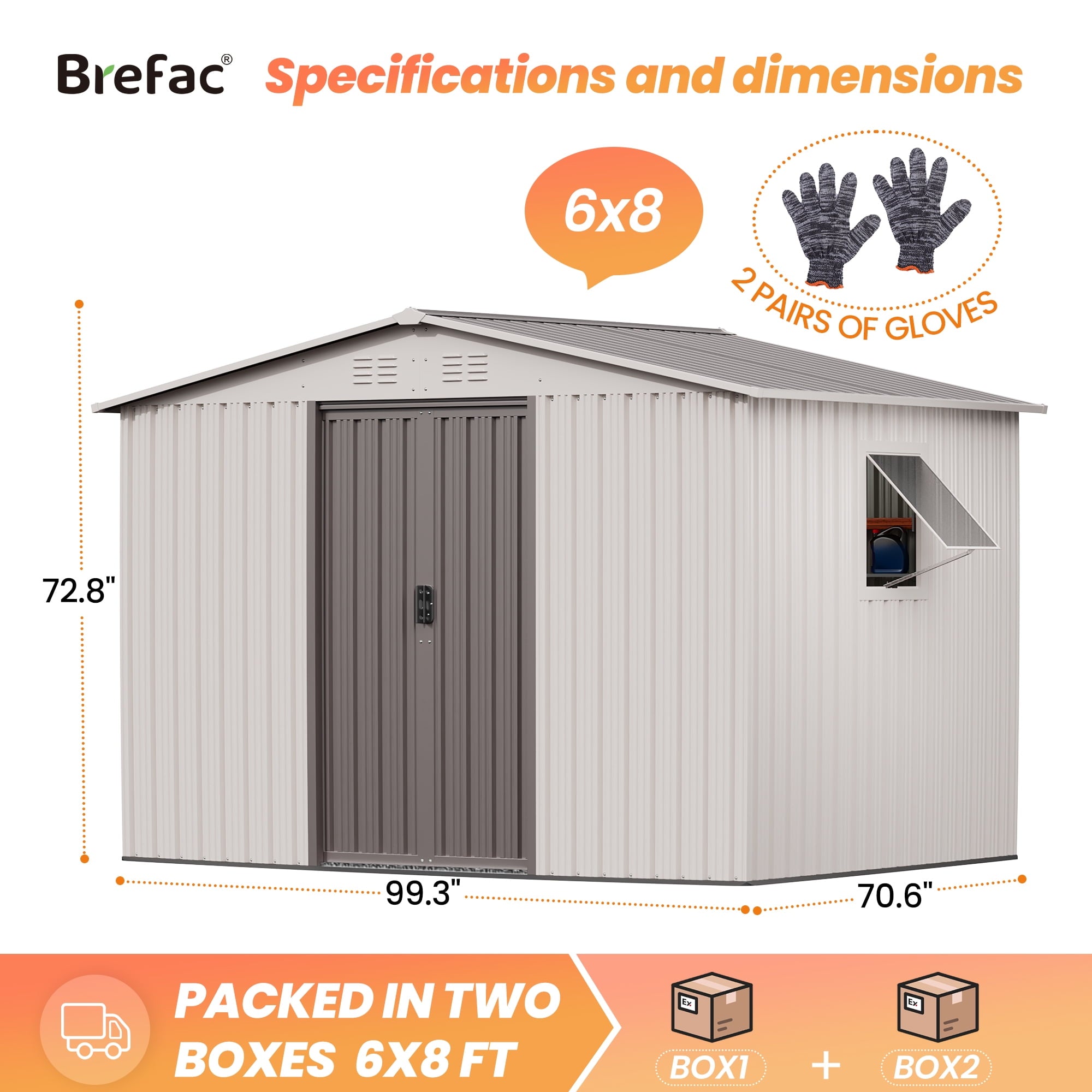 6x8 Outdoor Steel Storage Sheds, Metal Tool Outdoor Shed with Windows& Air Vent&Gloves,for Backyard,Garden,Lawn,Creamy White