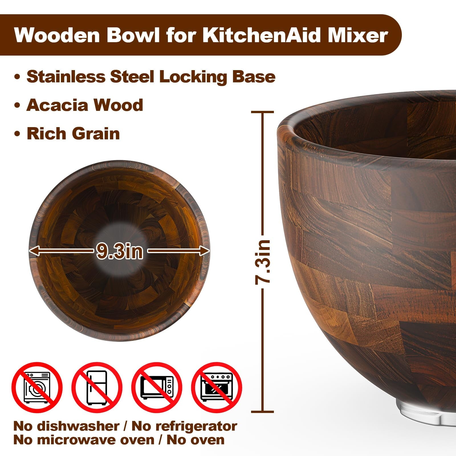 TOCOKEID 5 Qt Premium Natural Acacia Wood Mixer Bowl Attachment for KitchenAid 4.5-5 Qt Tilt-Head Stand Mixers